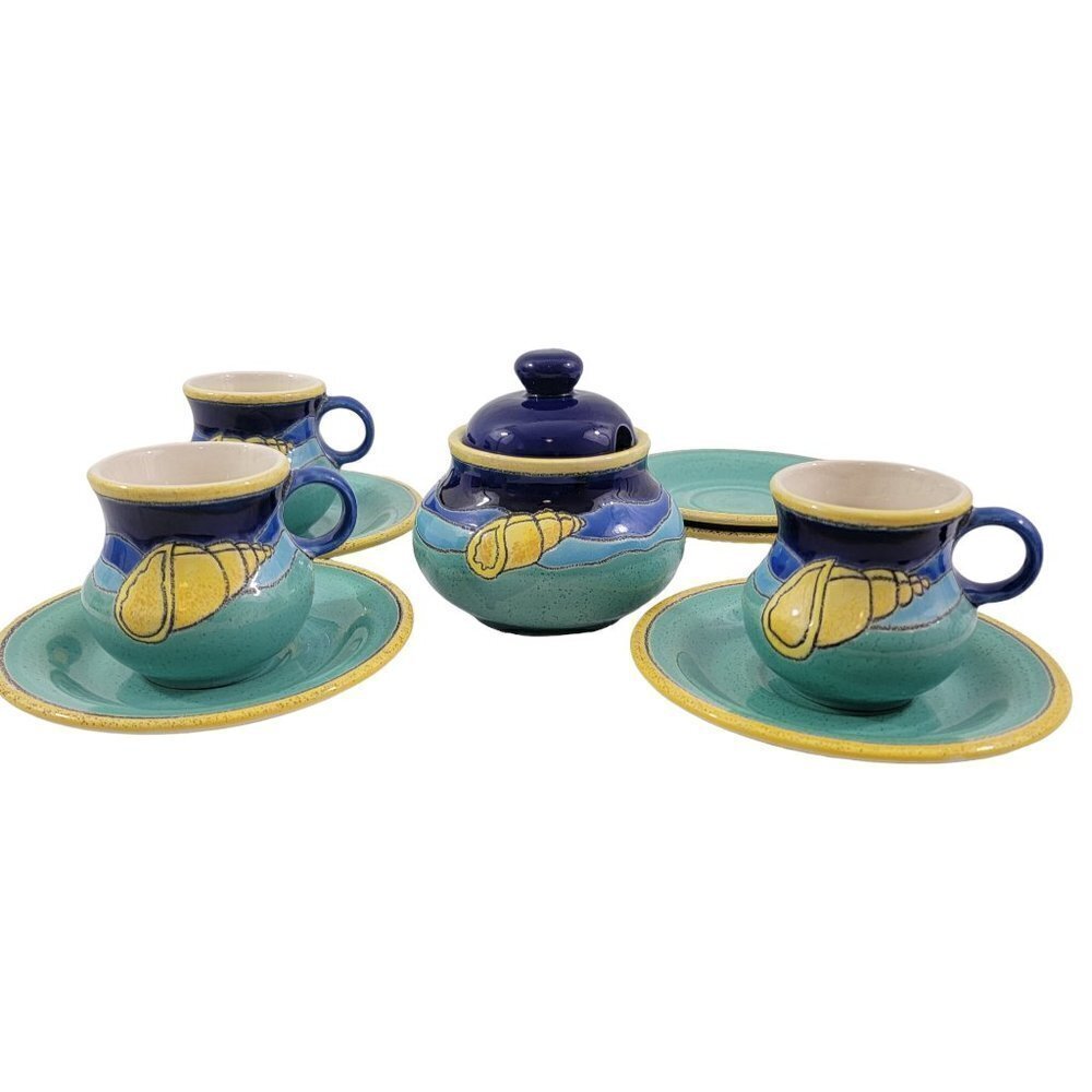 Vintage Hand Painted Ecuadorian Artesian Ceramic Cup Saucer & Sugar Bowl Set
